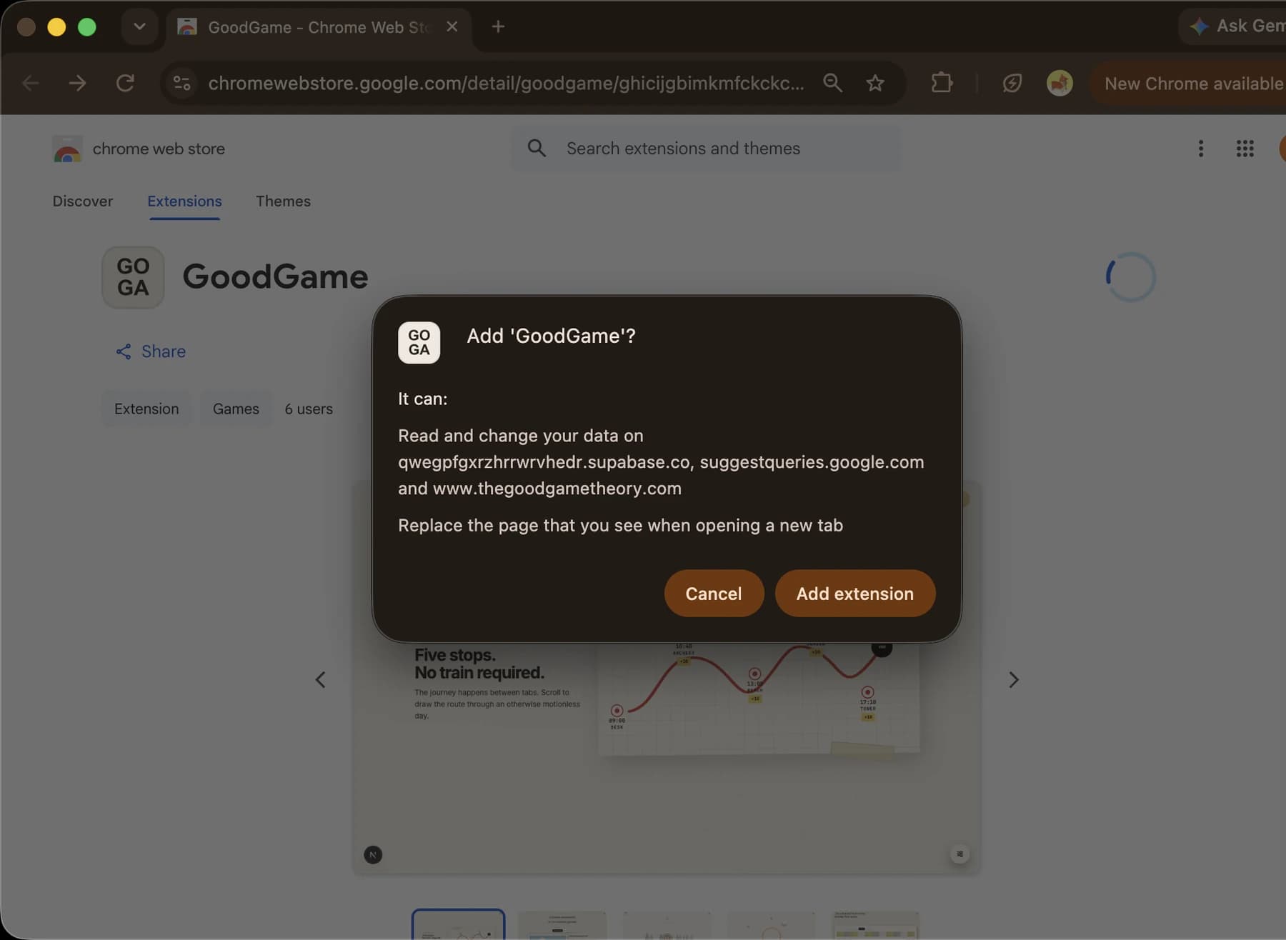 Chrome's permission dialog asking to add the GoodGame extension