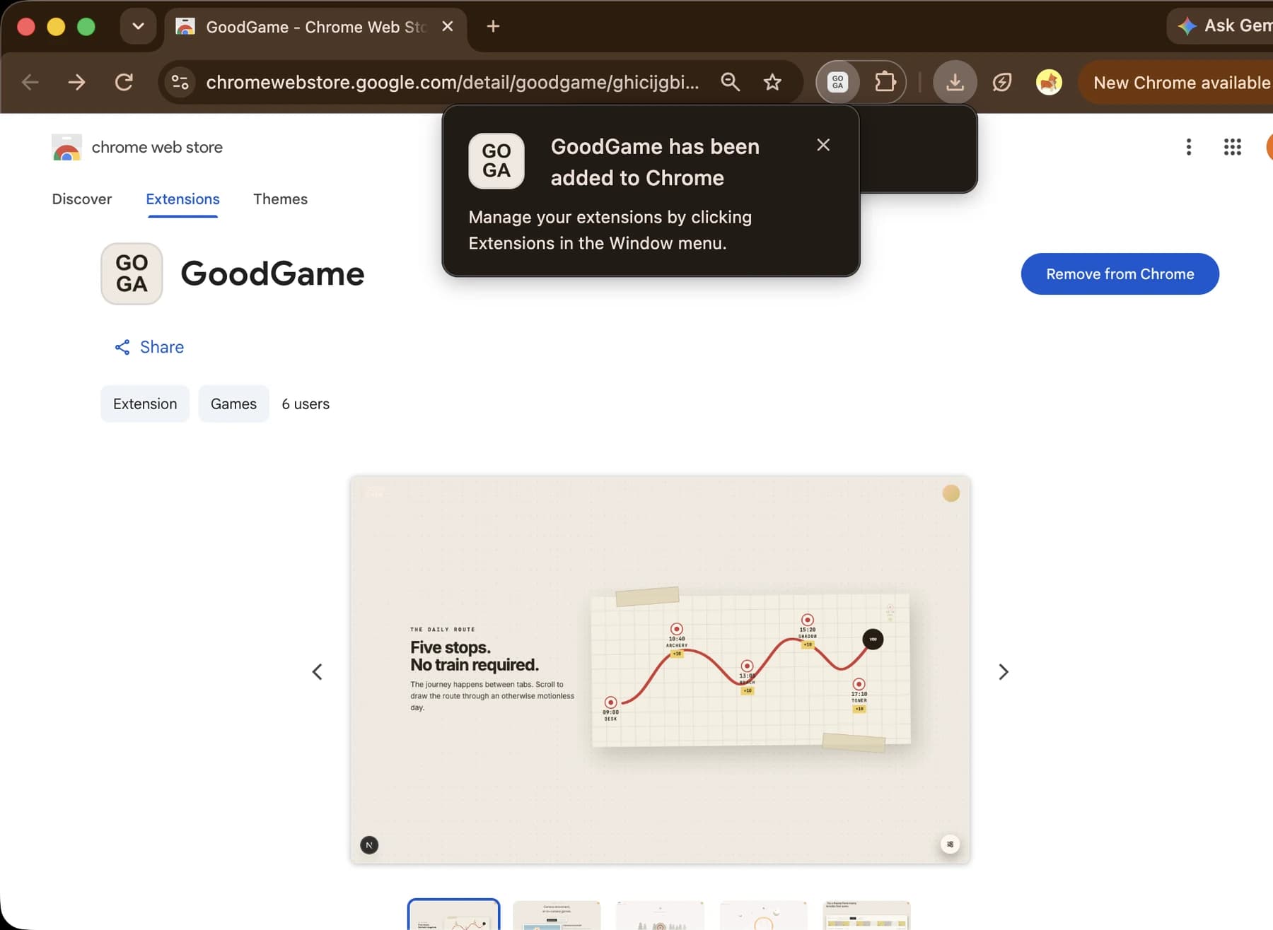 Chrome confirming that GoodGame has been added