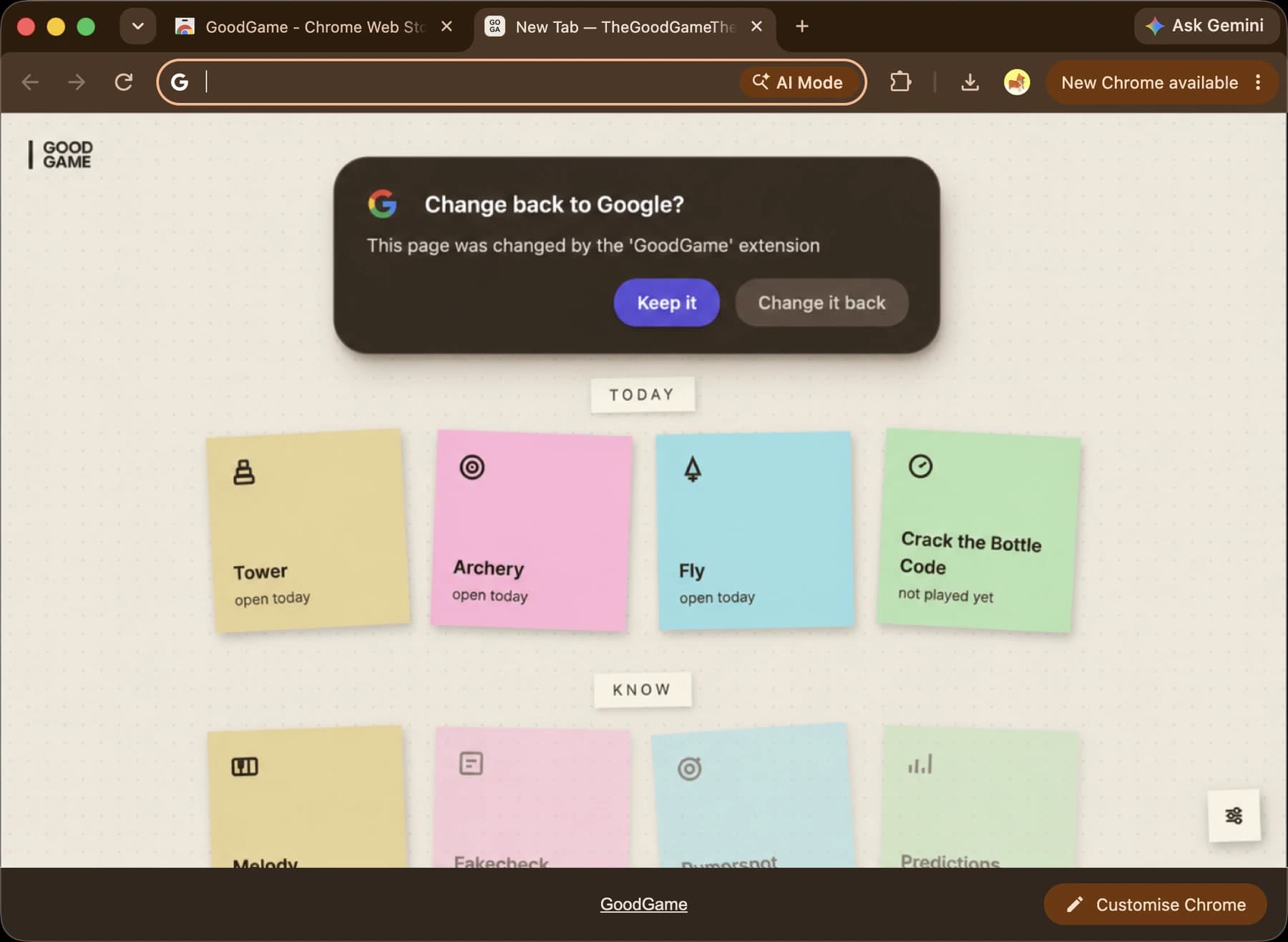 Chrome asking whether to keep the new tab page changed by GoodGame