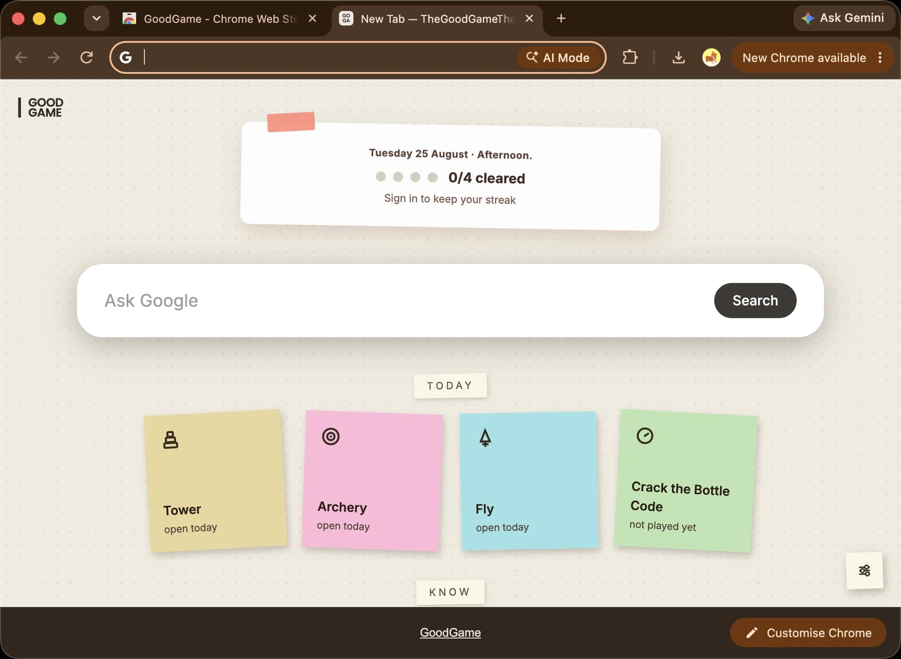 The GoodGame new tab page with today's games pinned to a board