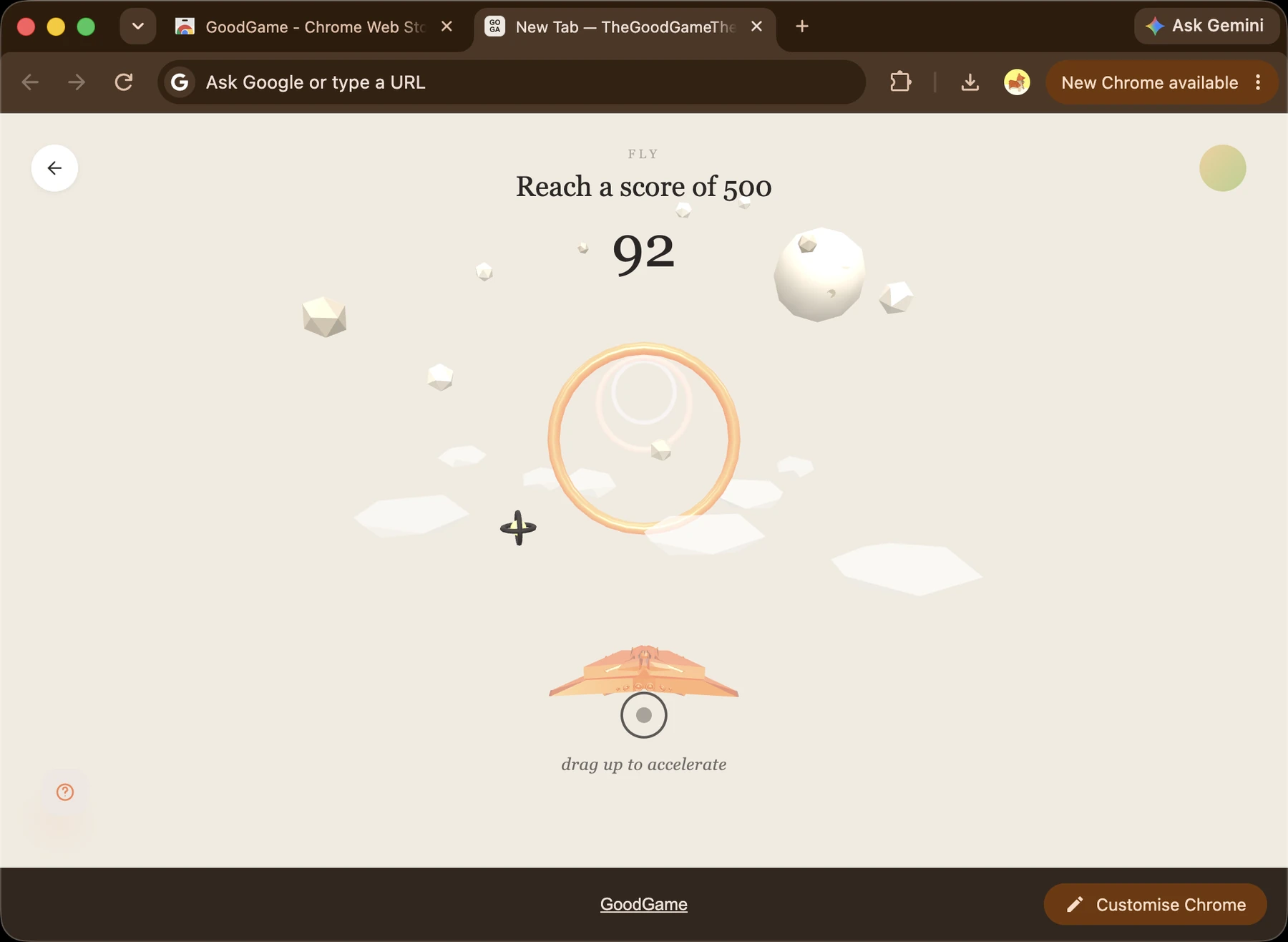 Playing Fly on the GoodGame new tab page